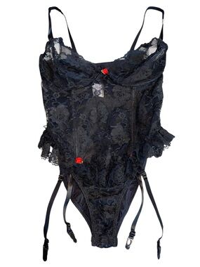 Black Lace Floral Lingerie Teddy, Size XL